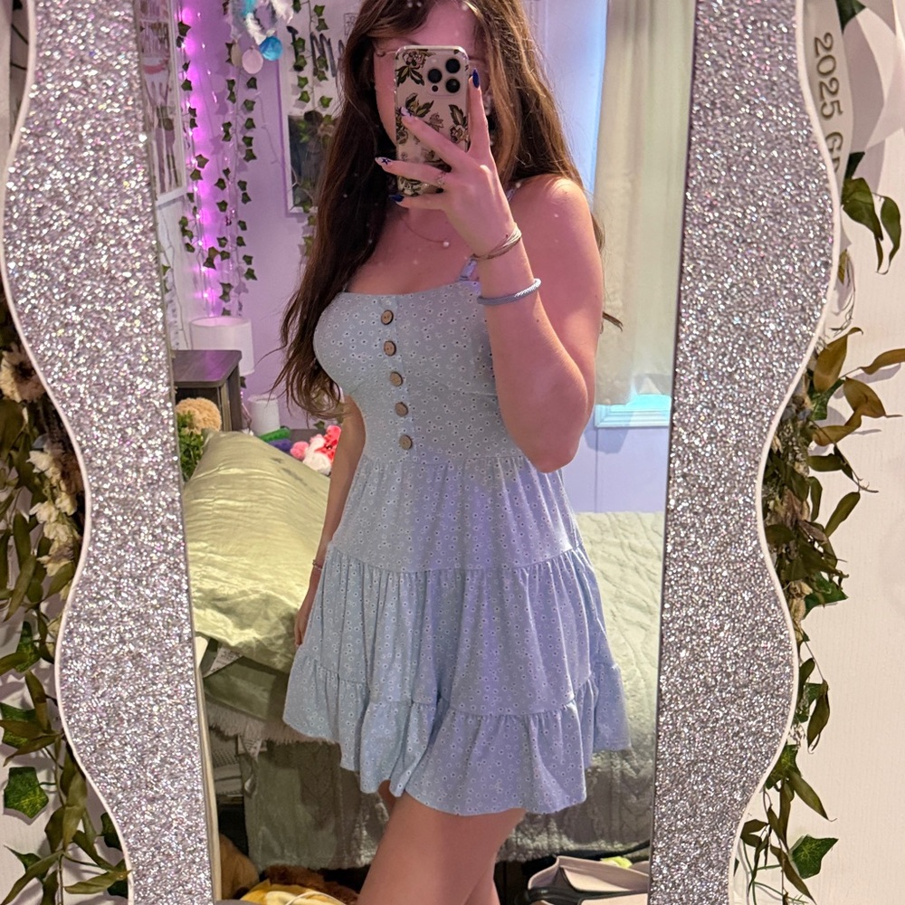 Light Blue Floral Sundress with Buttons